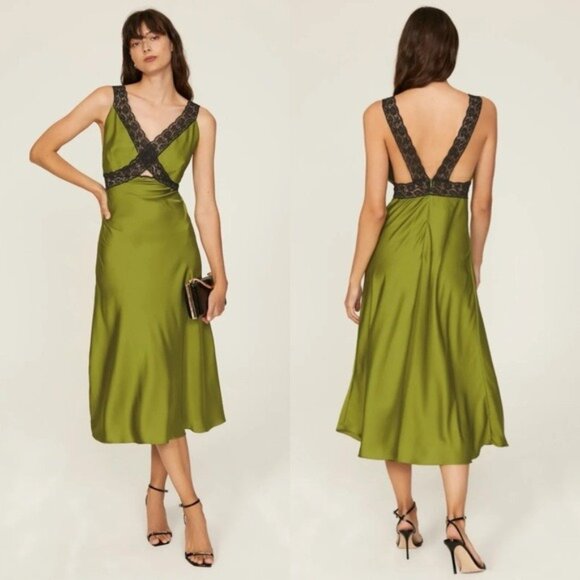 Samantha Sipos Nasrin Slip Dress XS Green Satin Lace Keyhole Cutout Midi - Picture 1 of 12